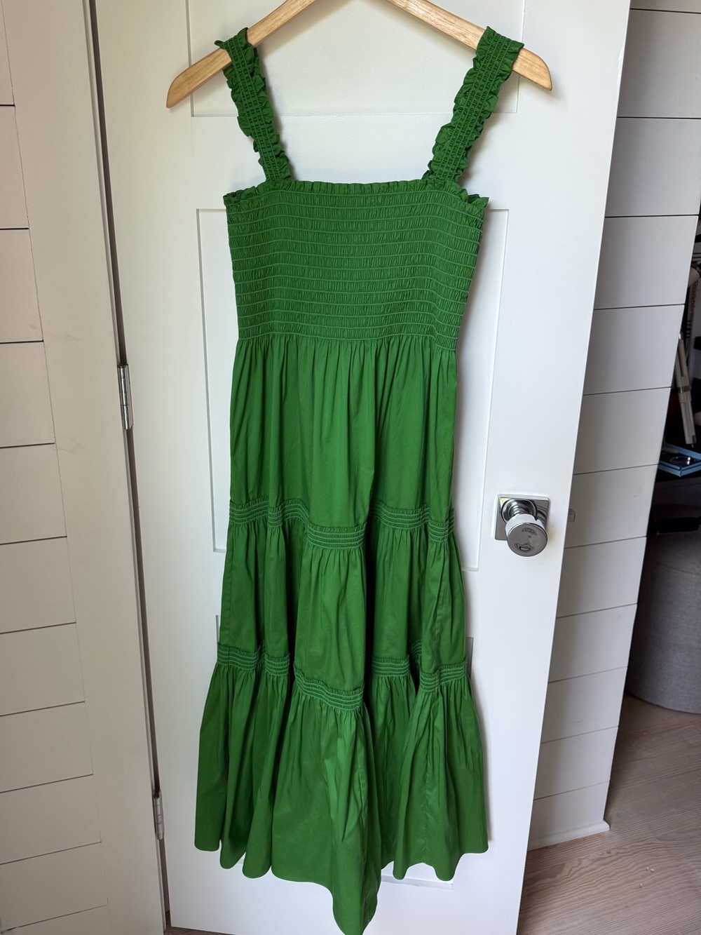 Tory Burch Smocked Tiered Cotton Blend Resort Green Cover-Up Dress M